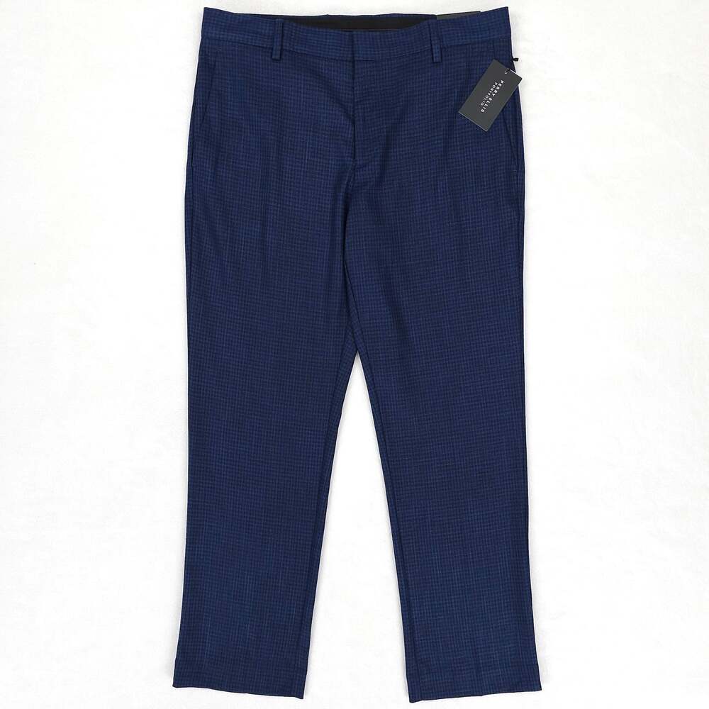 Perry Ellis Mens Modern Fit Dress Pants 31x30 Navy Blue Tonal Grid Plaid Stretch